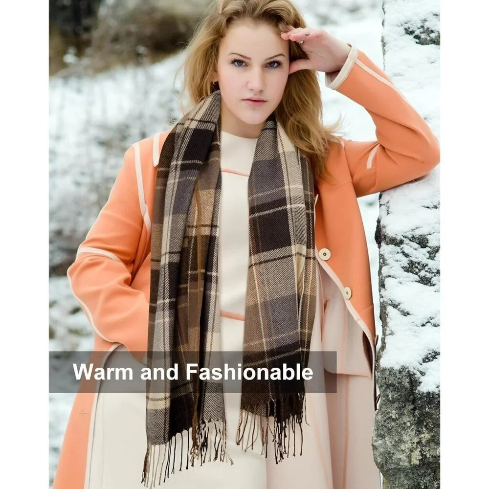 Women's khaki Beige Lattic Scarf Fashion Long Plaid Shawls Wraps Big Grid Winter
